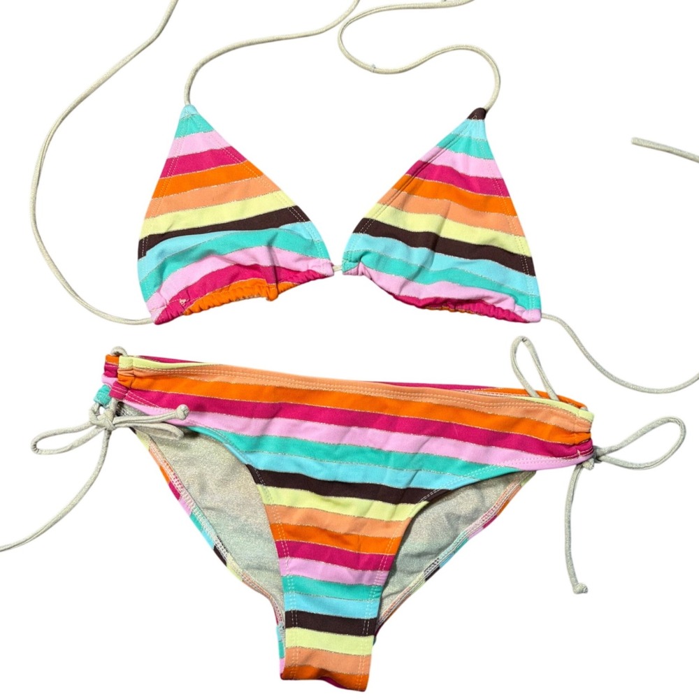 Y2K Pride Insane Rare Striped Bikini Set Triangle Top Side Tie Bottoms M/S
